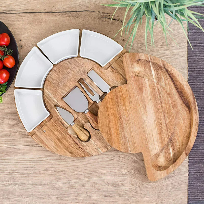 Cheese Board and Knife Set Round Acacia Wood Charcuterie Board with Ceramic Bowls and Stainless Steel Cheese Knives for Entertaining