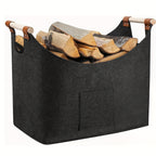 Felt Firewood Basket Foldable Log Carrier with Wooden Handles and Leather Details Large Fireplace Log Bag for Indoor Use