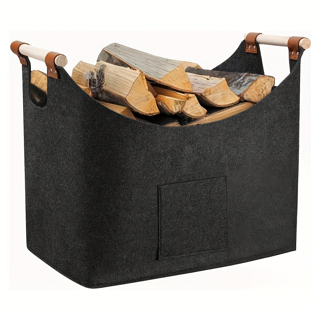 Felt Firewood Basket Foldable Log Carrier with Wooden Handles and Leather Details Large Fireplace Log Bag for Indoor Use
