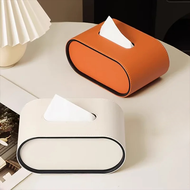 Leather Tissue Box Cover Oval Tissue Holder with Contrast Piping Modern Tissue Dispenser for Living Room | Bedroom and Office Desk