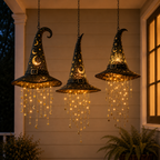 Light Up Witch Hat Hanging Decoration Battery Operated LED Halloween Hat with Star or Moon Charms and Remote Control for Porch | Window and Entryway