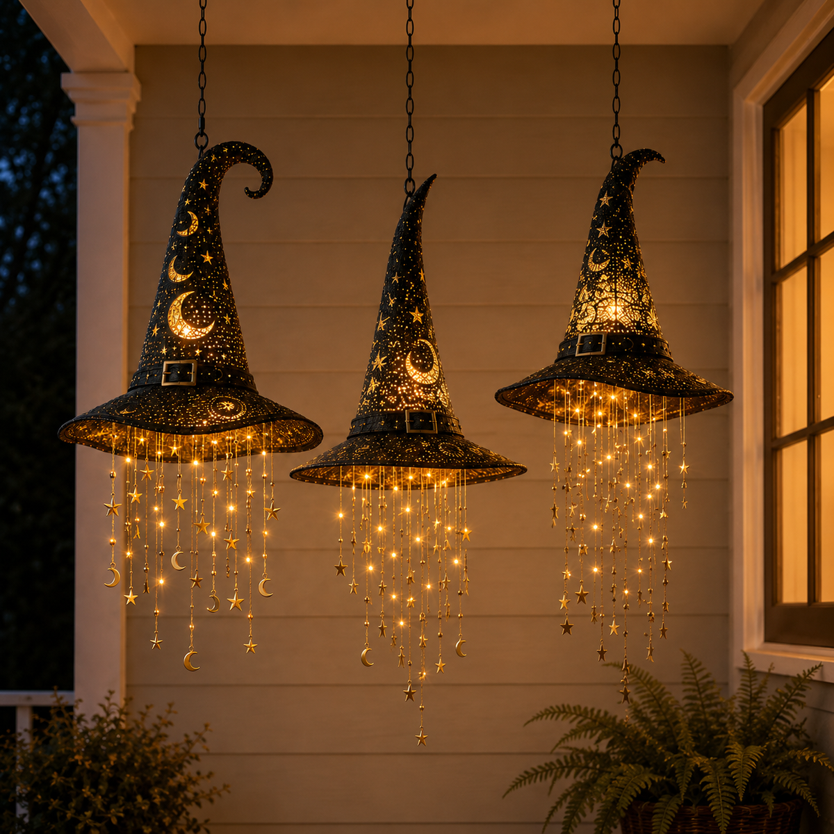 Light Up Witch Hat Hanging Decoration Battery Operated LED Halloween Hat with Star or Moon Charms and Remote Control for Porch | Window and Entryway