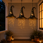 Light Up Witch Hat Hanging Decoration Battery Operated LED Halloween Hat with Star or Moon Charms and Remote Control for Porch | Window and Entryway