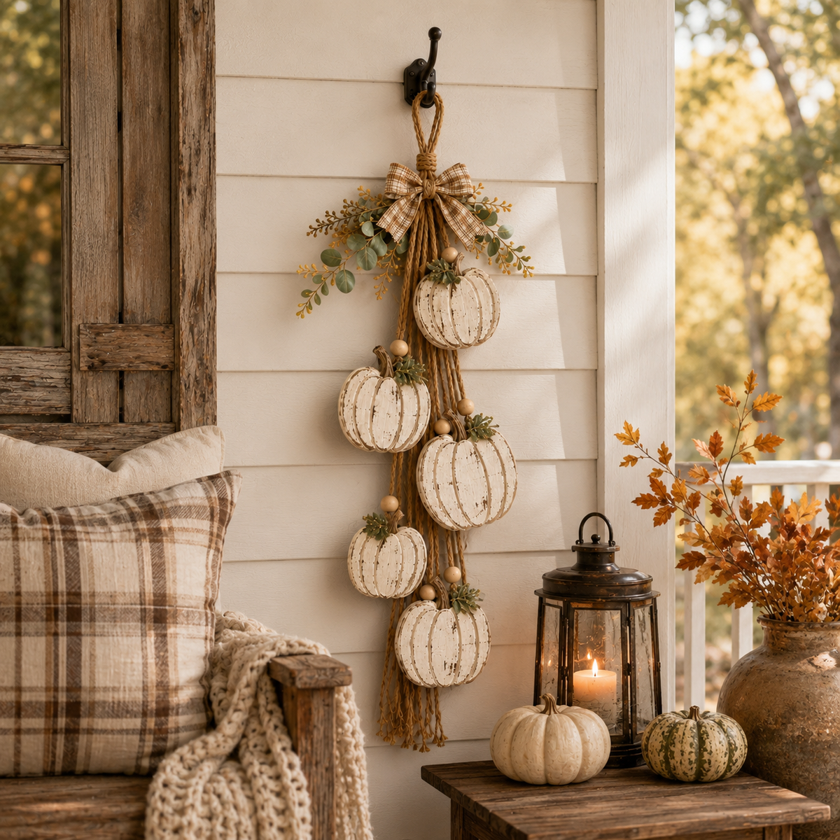 Rustic White Pumpkin Hanging Swag Five Pumpkin Autumn Wall and Door Decoration with Rope | Wooden Beads and Plaid Bow for Entryway and Porch