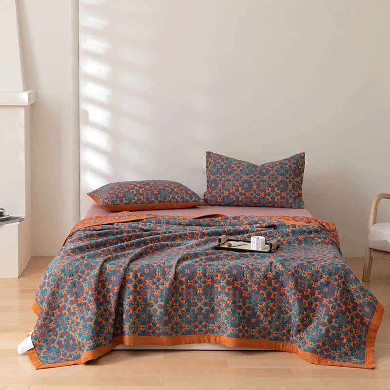 Six Layer Cotton Gauze Quilt Blue Patterned Muslin Bedspread Breathable Lightweight Blanket with Contrast Border for Bed and Sofa
