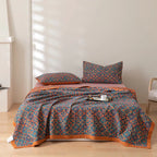 Six Layer Cotton Gauze Quilt Blue Patterned Muslin Bedspread Breathable Lightweight Blanket with Contrast Border for Bed and Sofa