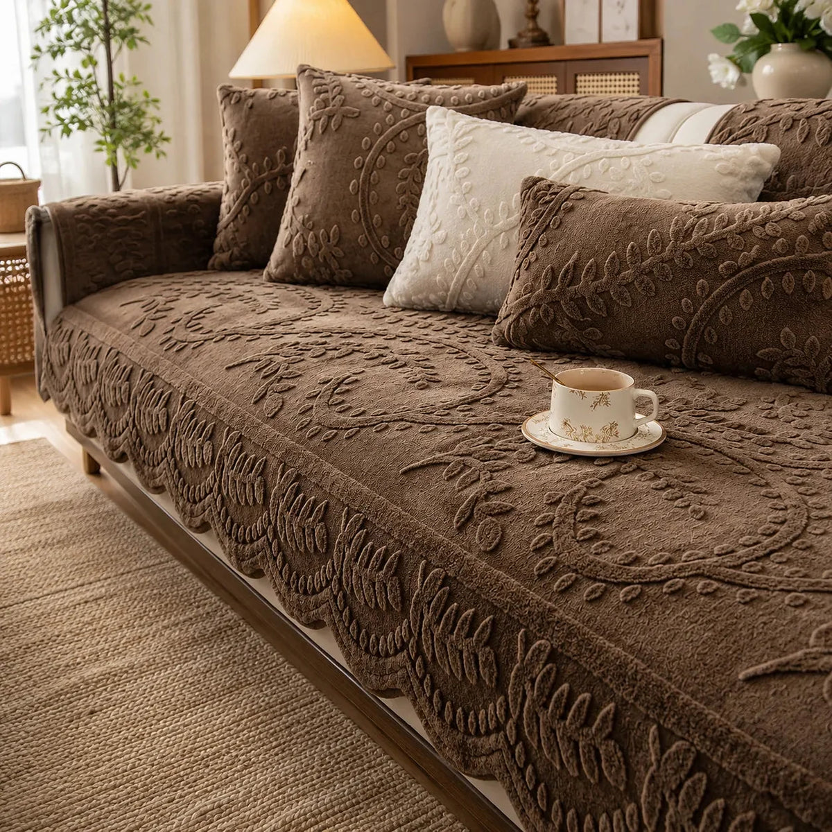 Embossed Plush Sofa Cover Non Slip Couch Protector with Botanical Leaf Pattern and Silicone Grip Backing Pet Friendly Sofa Seat Cover for Living Room