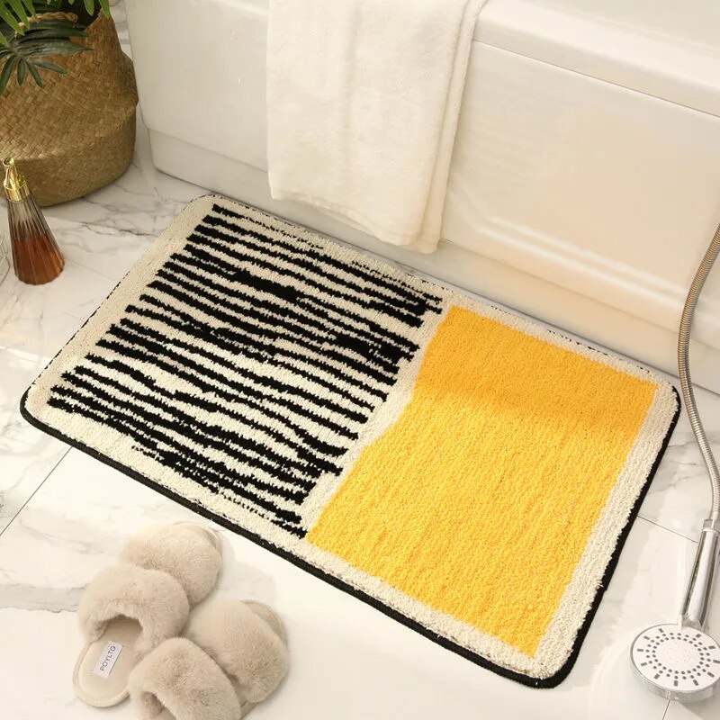 Abstract Bath Mat Tufted Non Slip Bathroom Rug Soft Absorbent Machine Washable Shower Mat with Colour Block Design for Bathroom and Bedroom