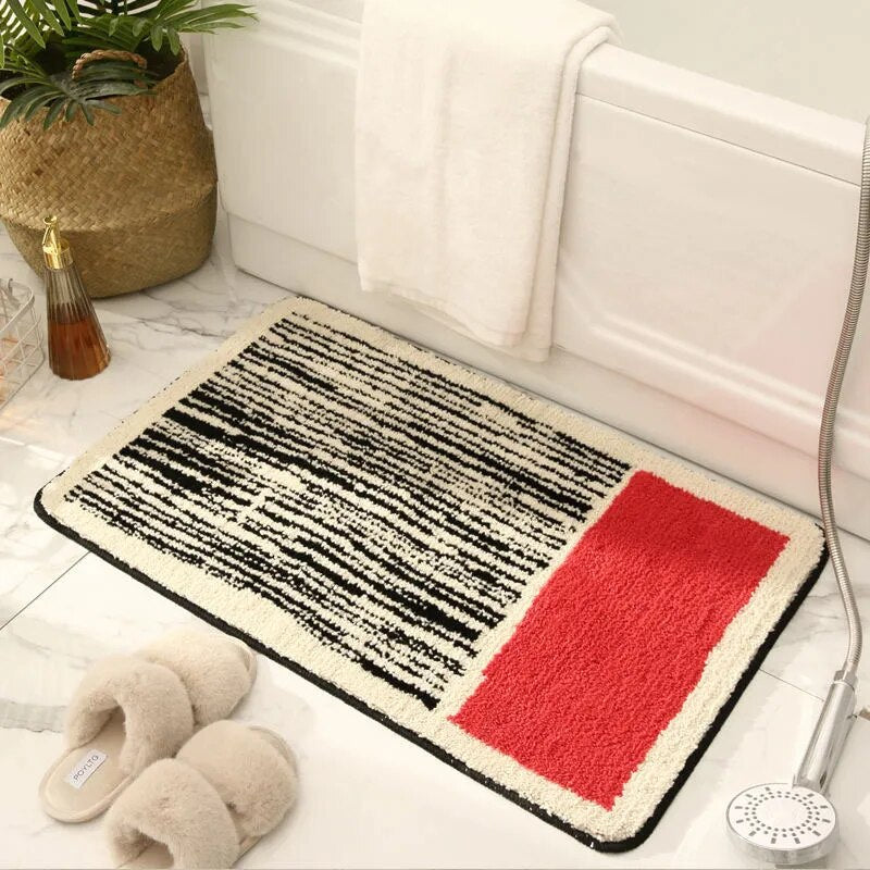 Abstract Bath Mat Tufted Non Slip Bathroom Rug Soft Absorbent Machine Washable Shower Mat with Colour Block Design for Bathroom and Bedroom
