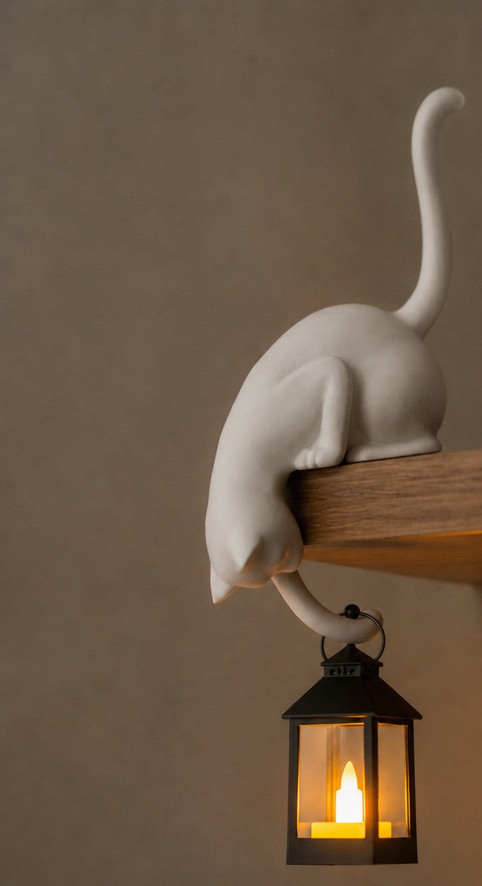 Cat Shelf Sitter Figurine with Hanging LED Lantern Battery Operated Bookshelf Decor Night Light Sculpture for Shelf Edges | Bedroom and Living Room