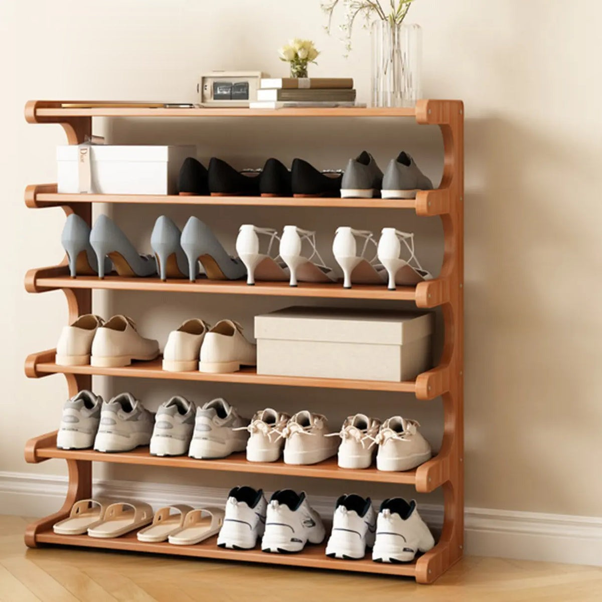 Wooden Shoe Rack with Curved Side Panels Open Freestanding Shoe Shelf Modern Bamboo Shoe Storage Organiser for Hallway | Entryway and Wardrobe