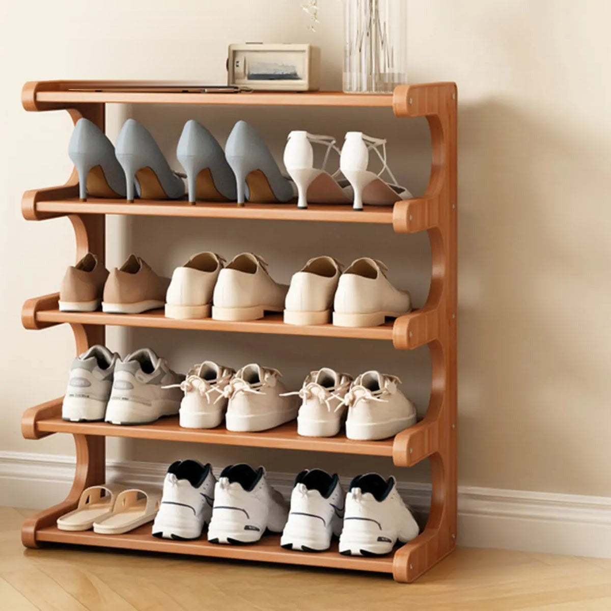 Wooden Shoe Rack with Curved Side Panels Open Freestanding Shoe Shelf Modern Bamboo Shoe Storage Organiser for Hallway | Entryway and Wardrobe