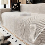 Herringbone Sofa Cover Woven Chenille Look Couch Throw with Fringe Non Slip Washable Furniture Protector for Sofa | Armchair and Bed