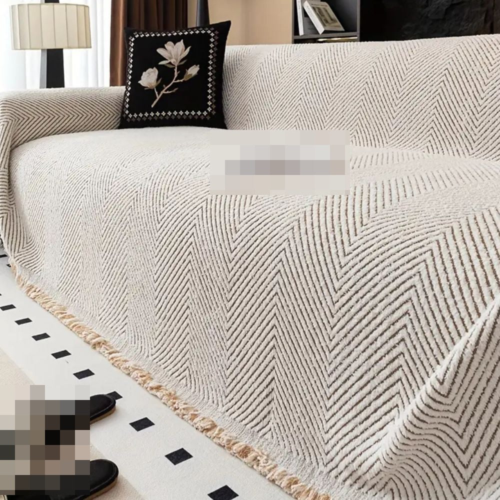 Herringbone Sofa Cover Woven Chenille Look Couch Throw with Fringe Non Slip Washable Furniture Protector for Sofa | Armchair and Bed