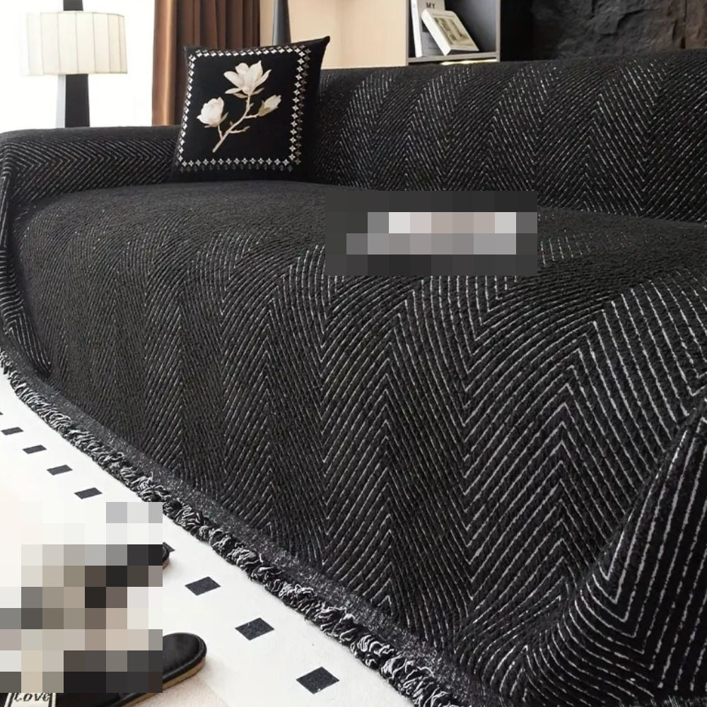 Herringbone Sofa Cover Woven Chenille Look Couch Throw with Fringe Non Slip Washable Furniture Protector for Sofa | Armchair and Bed