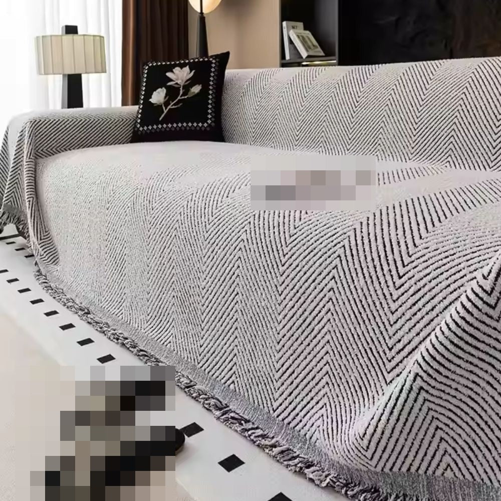 Herringbone Sofa Cover Woven Chenille Look Couch Throw with Fringe Non Slip Washable Furniture Protector for Sofa | Armchair and Bed