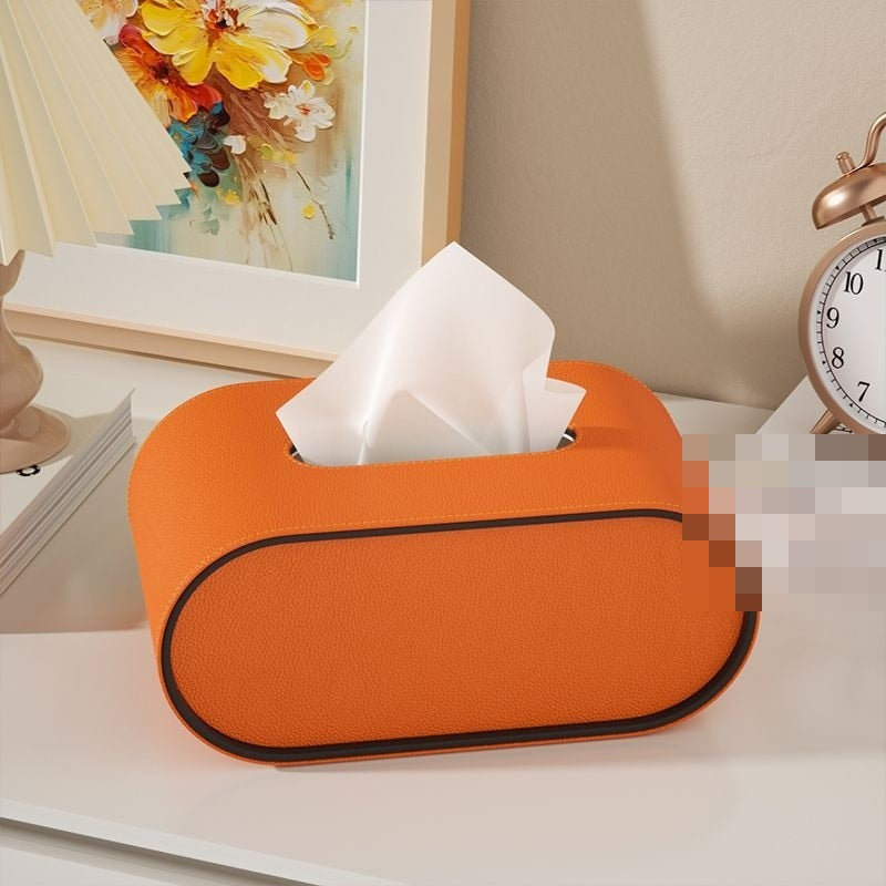 Leather Tissue Box Cover Oval Tissue Holder with Contrast Piping Modern Tissue Dispenser for Living Room | Bedroom and Office Desk