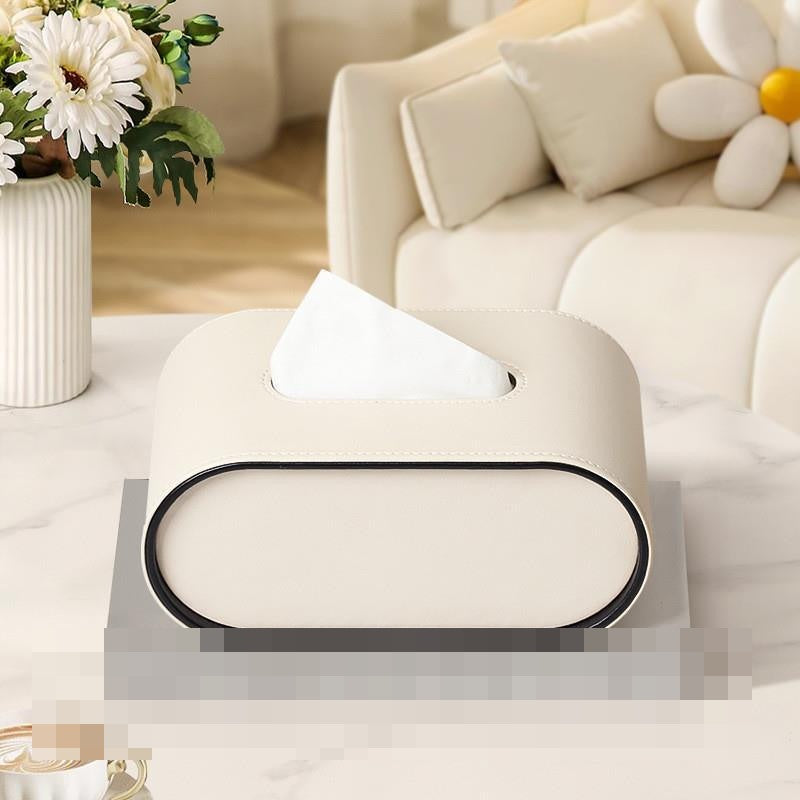 Leather Tissue Box Cover Oval Tissue Holder with Contrast Piping Modern Tissue Dispenser for Living Room | Bedroom and Office Desk