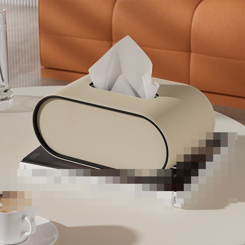 Leather Tissue Box Cover Oval Tissue Holder with Contrast Piping Modern Tissue Dispenser for Living Room | Bedroom and Office Desk