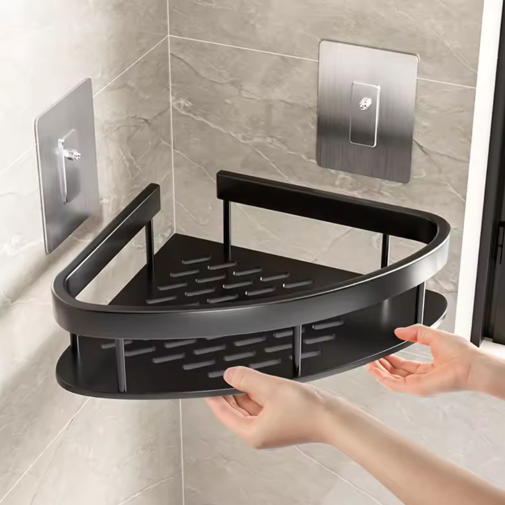 Corner Shower Shelf Self Adhesive Aluminium Bathroom Caddy No Drill Wall Mounted Storage Rack with Hook for Shower | Bathroom and Kitchen