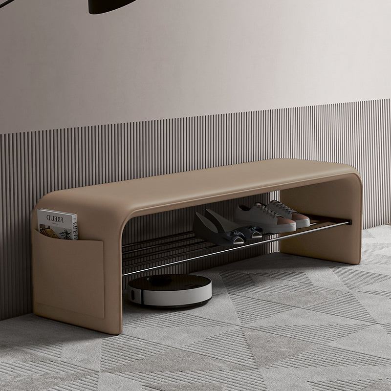 Faux Leather Shoe Bench with Storage Shelf Carbon Steel Entryway Bench Upholstered Hallway Seat with Side Pocket for Entryway and Bedroom