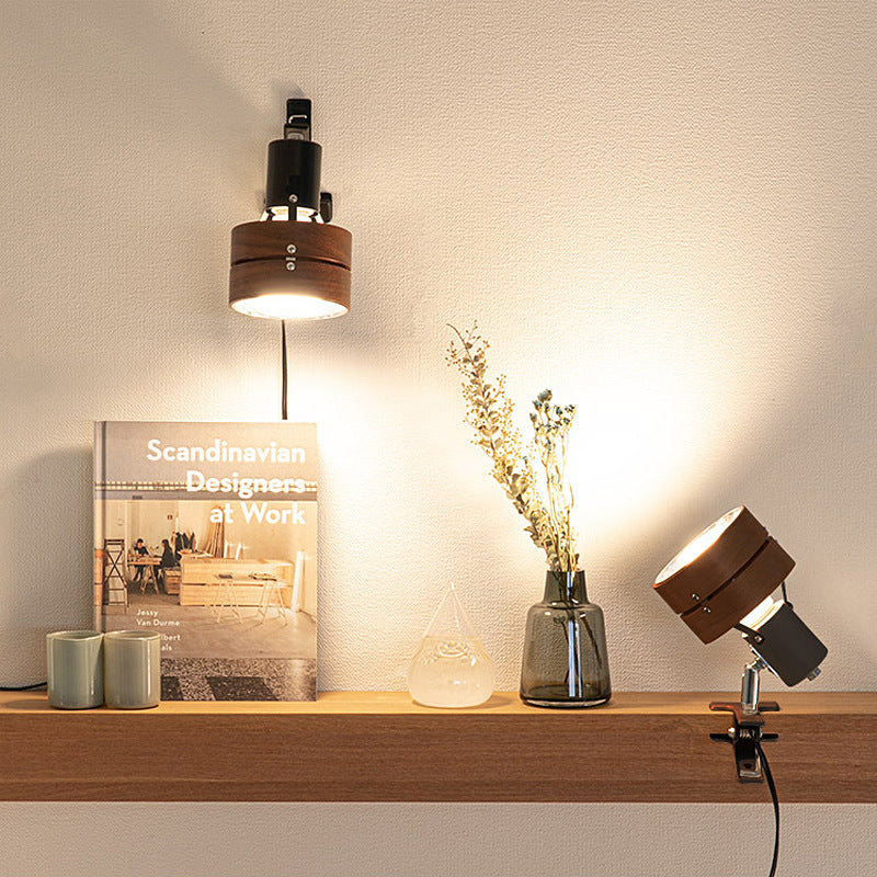 Wooden Clip On Spotlight Japanese Style Clamp Lamp Adjustable Wood and Metal Reading Light for Bedside | Shelf and Desk
