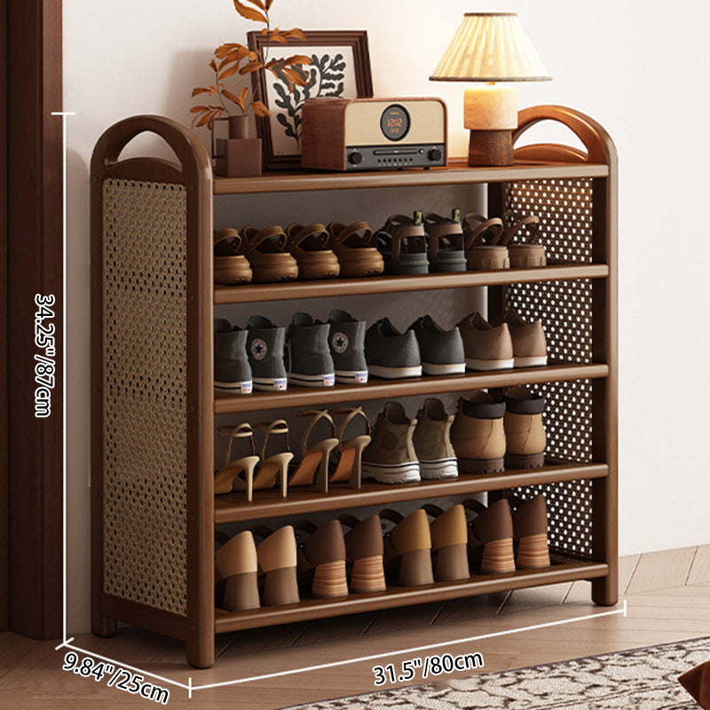 Rattan Shoe Rack Vintage Tiered Shoe Storage Shelf Bamboo Frame with Woven Rattan Side Panels and Handles for Hallway | Entryway and Living Room