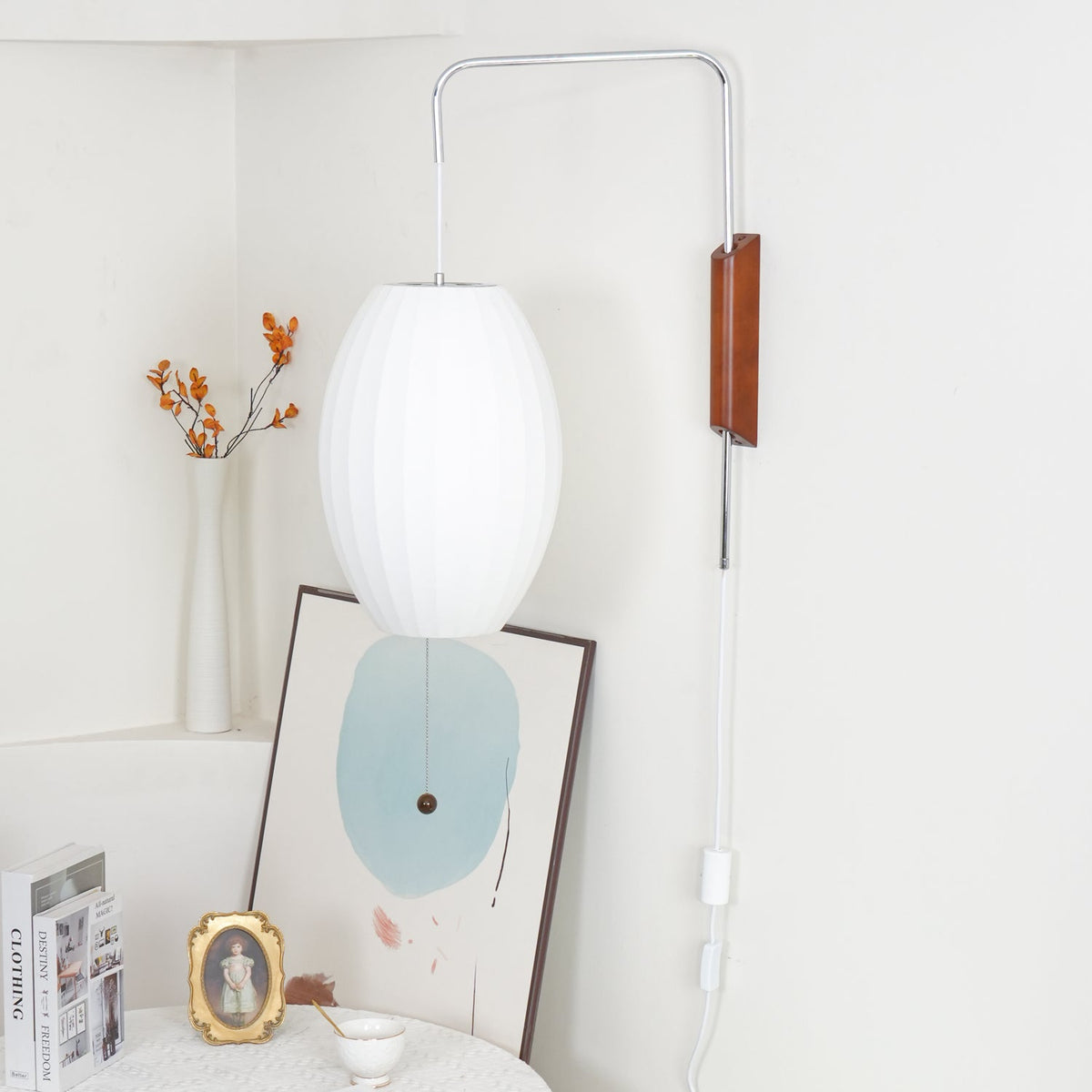 Ribbed Oval Wall Sconce With Pull Chain And Curved Arm