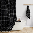 Boho Linen Look Shower Curtain Waterproof Fabric Bath Curtain with Tassel Trim Jacquard Weave Farmhouse Style with Hooks | Checked or Striped