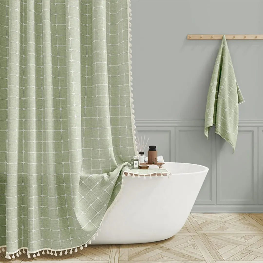 Boho Linen Look Shower Curtain Waterproof Fabric Bath Curtain with Tassel Trim Jacquard Weave Farmhouse Style with Hooks | Checked or Striped