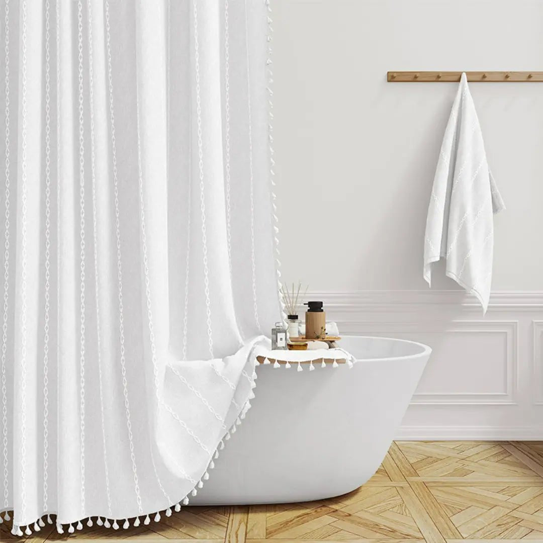 Boho Linen Look Shower Curtain Waterproof Fabric Bath Curtain with Tassel Trim Jacquard Weave Farmhouse Style with Hooks | Checked or Striped