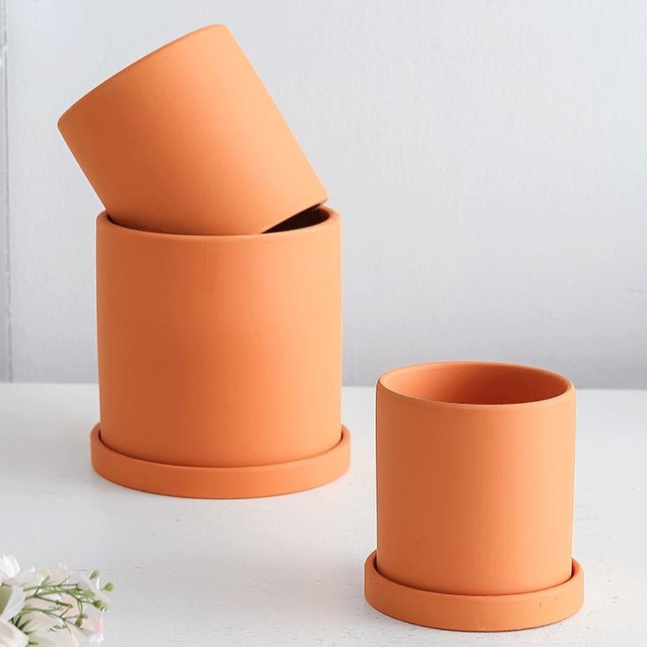 Matte Ceramic Flower Pot with Drainage Hole and Matching Saucer Cylinder Plant Pot for Indoor Houseplants | Herbs and Succulents
