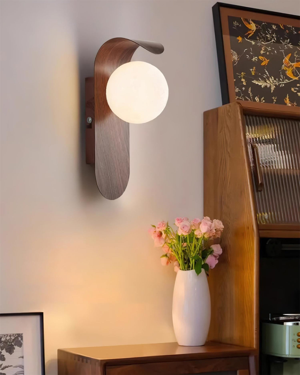 Wood Wall Light With Opal Globe Shade