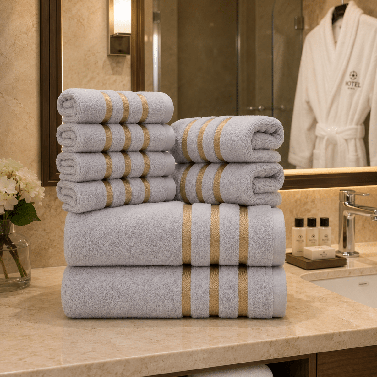 Bath Towel Set with Gold Stripe Border Soft Absorbent Towels Including Bath Towels | Hand Towels and Washcloths for Bathroom and Guest Room