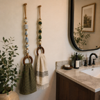 Beaded Towel Hanger with Wooden Ring Set of Two Ceramic Bead and Jute Rope Hanging Towel Holders for Bathroom | Kitchen and Laundry Room