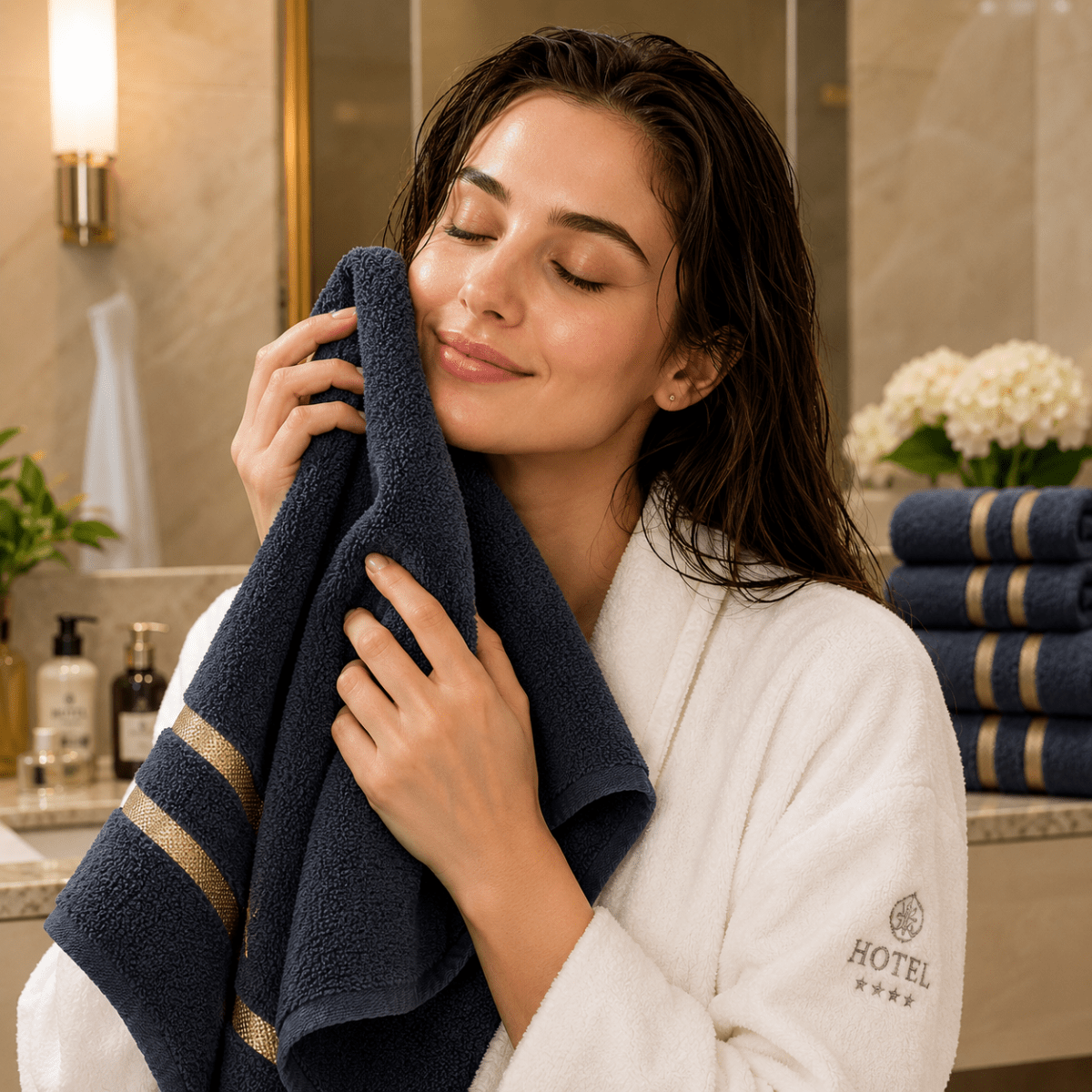 Bath Towel Set with Gold Stripe Border Soft Absorbent Towels Including Bath Towels | Hand Towels and Washcloths for Bathroom and Guest Room