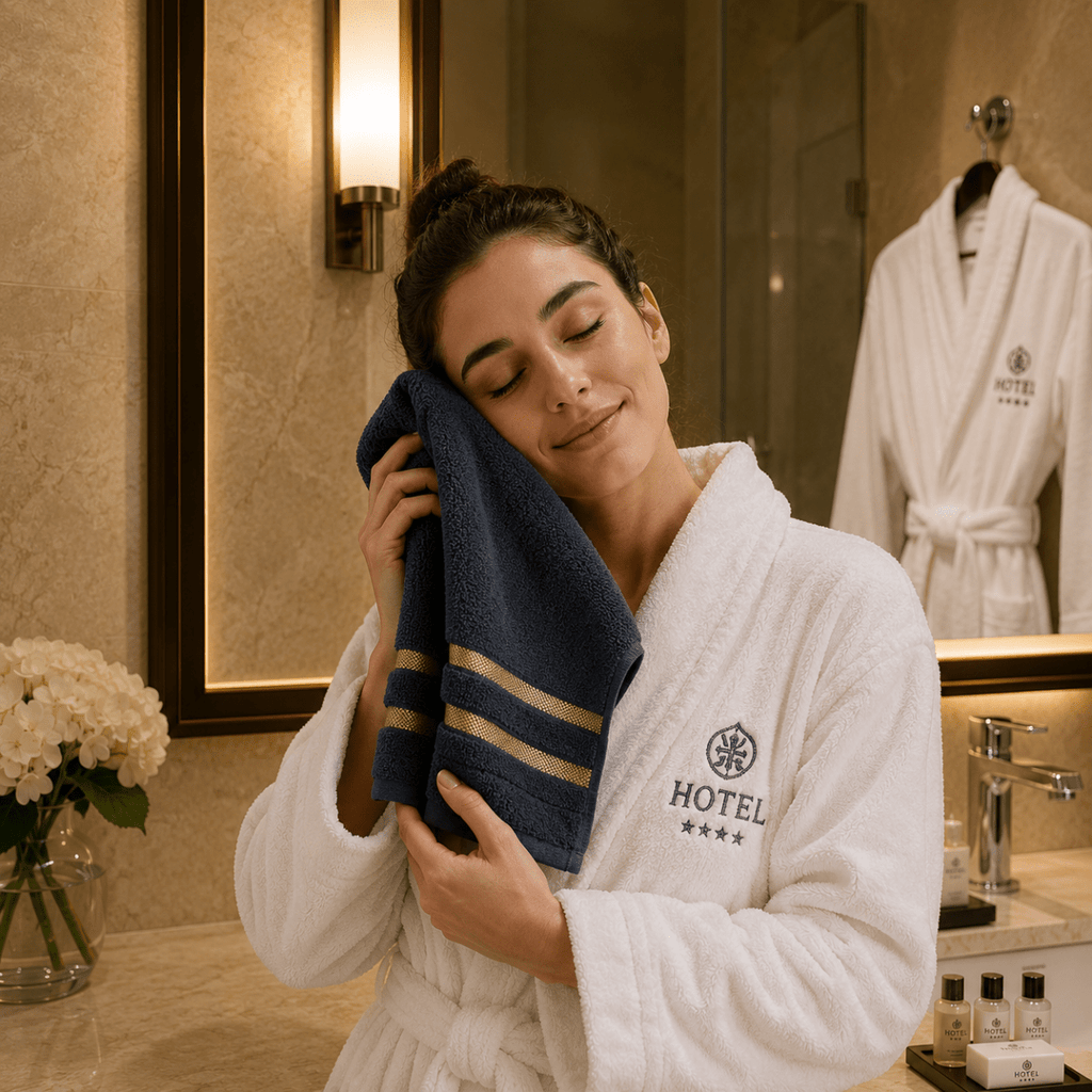 Bath Towel Set with Gold Stripe Border Soft Absorbent Towels Including Bath Towels | Hand Towels and Washcloths for Bathroom and Guest Room