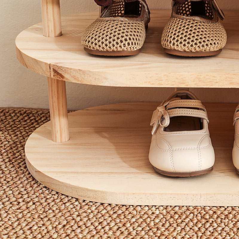 Kids Shoe Rack Solid Pine Wood Two Tier Low Shoe Shelf with Curved Corners Japanese Style Children Shoe Storage for Hallway and Nursery