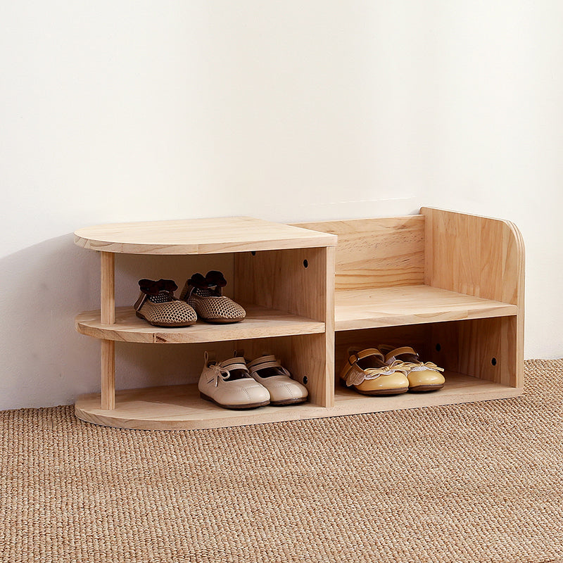 Kids Shoe Rack Solid Pine Wood Two Tier Low Shoe Shelf with Curved Corners Japanese Style Children Shoe Storage for Hallway and Nursery