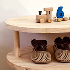 Kids Shoe Rack Solid Pine Wood Two Tier Low Shoe Shelf with Curved Corners Japanese Style Children Shoe Storage for Hallway and Nursery