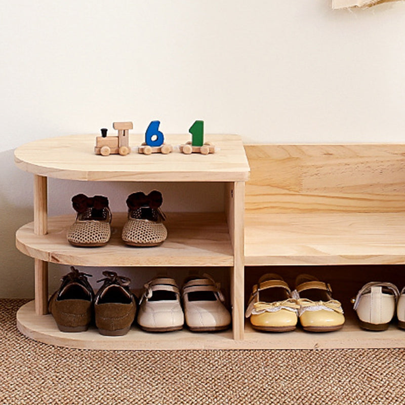 Kids Shoe Rack Solid Pine Wood Two Tier Low Shoe Shelf with Curved Corners Japanese Style Children Shoe Storage for Hallway and Nursery