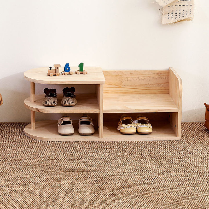 Kids Shoe Rack Solid Pine Wood Two Tier Low Shoe Shelf with Curved Corners Japanese Style Children Shoe Storage for Hallway and Nursery