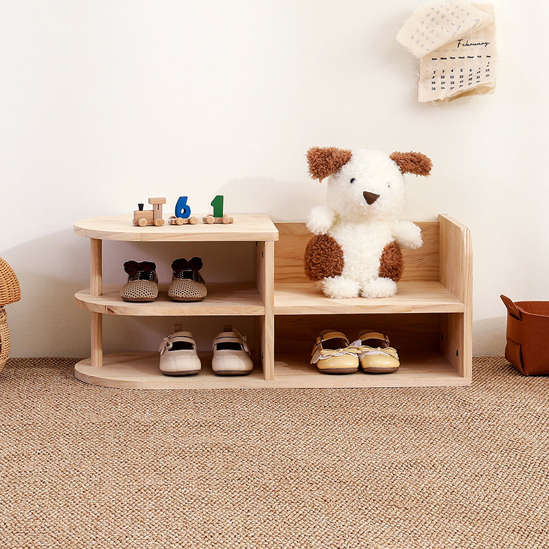 Kids Shoe Rack Solid Pine Wood Two Tier Low Shoe Shelf with Curved Corners Japanese Style Children Shoe Storage for Hallway and Nursery