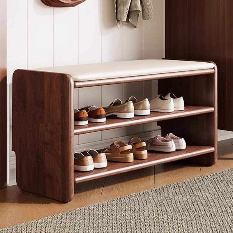 Solid Wood Shoe Bench with Padded Seat Entryway Storage Bench with Shoe Shelves Faux Leather Cushion for Hallway and Living Room