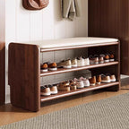 Solid Wood Shoe Bench with Padded Seat Entryway Storage Bench with Shoe Shelves Faux Leather Cushion for Hallway and Living Room