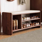 Solid Wood Shoe Bench with Padded Seat Entryway Storage Bench with Shoe Shelves Faux Leather Cushion for Hallway and Living Room