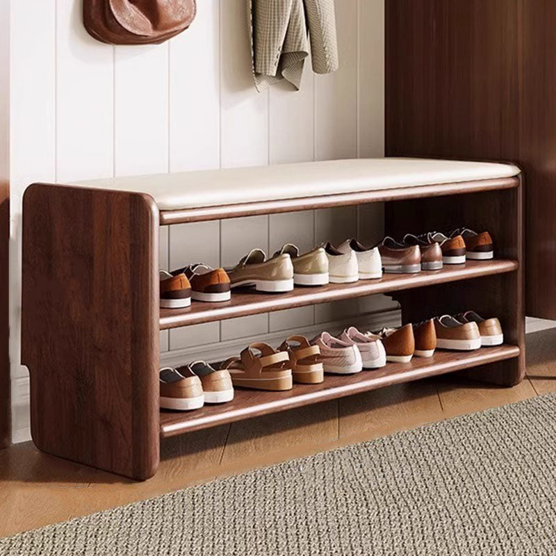 Solid Wood Shoe Bench with Padded Seat Entryway Storage Bench with Shoe Shelves Faux Leather Cushion for Hallway and Living Room