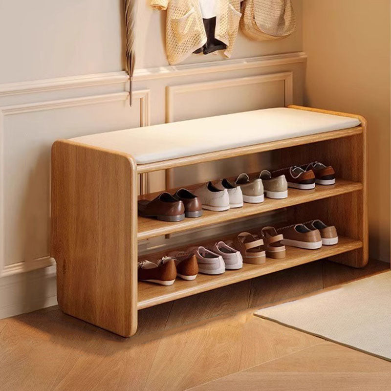 Solid Wood Shoe Bench with Padded Seat Entryway Storage Bench with Shoe Shelves Faux Leather Cushion for Hallway and Living Room