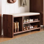 Solid Wood Shoe Bench with Padded Seat Entryway Storage Bench with Shoe Shelves Faux Leather Cushion for Hallway and Living Room