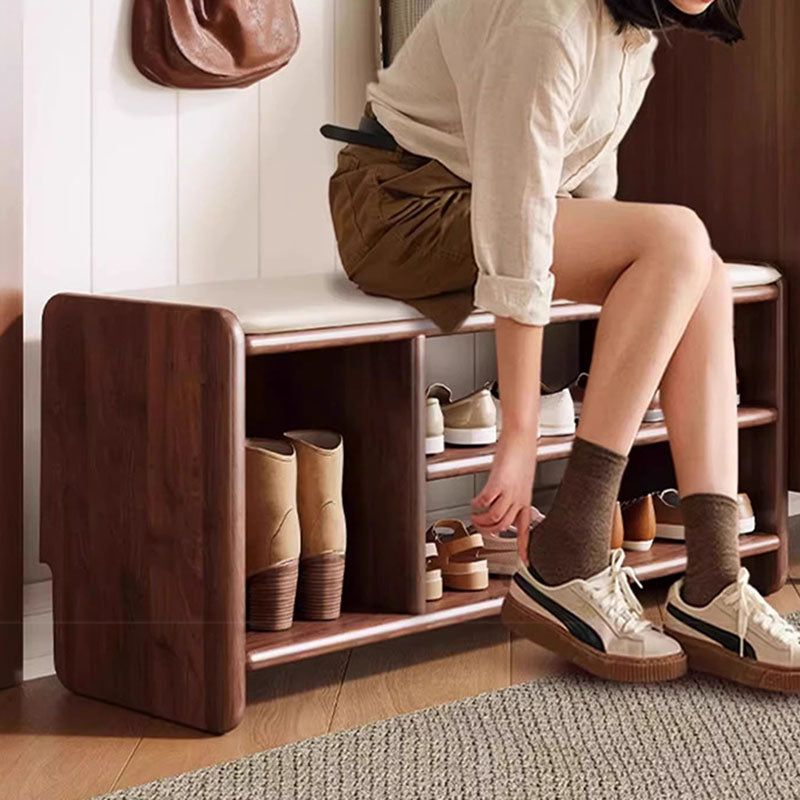 Solid Wood Shoe Bench with Padded Seat Entryway Storage Bench with Shoe Shelves Faux Leather Cushion for Hallway and Living Room